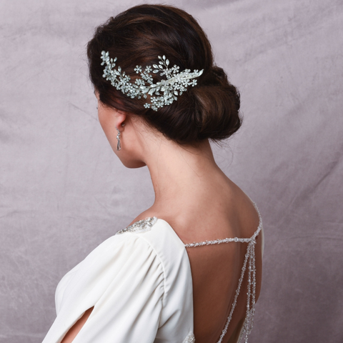 large Silver and crystal floral spray hair accessory in silver