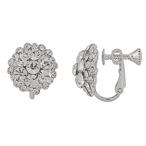 Crystal cluster clip on earrings made with luxury crystals on a rhodium plated silver tone finish, they measure 1.2cm by 1.2cm.