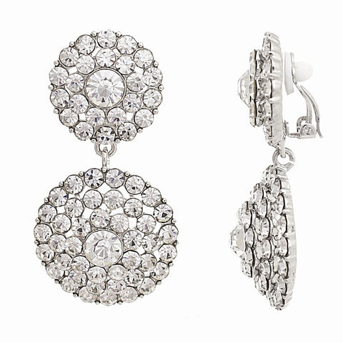 Crystal clip on earrings made with high quality clear crystals on a rhodium plated finish, they have a drop of 5cm and are 3cm.