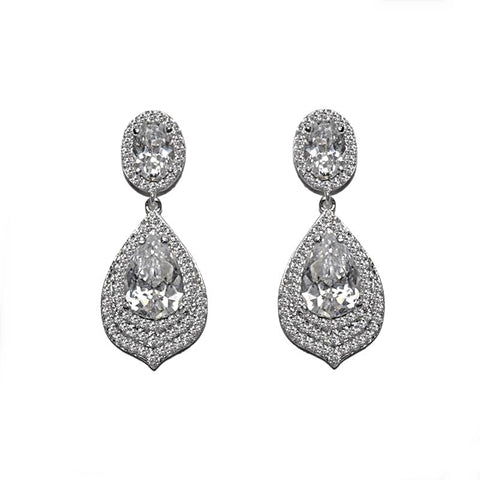 Crystal tear drop earrings made from high quality clear cubic zirconia crystals on a rhodium plated silver tone finish, they have a drop of 6cm. 
