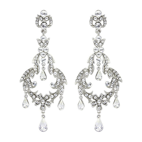 Crystal chandelier earrings made from high quality clear cubic zirconia crystals on a rhodium plated finish, they have a drop of 9cm.