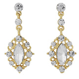 Crystal chandelier drop earrings made with clear and glass crystals on a gold tone finish, they have a drop of 4cm. 