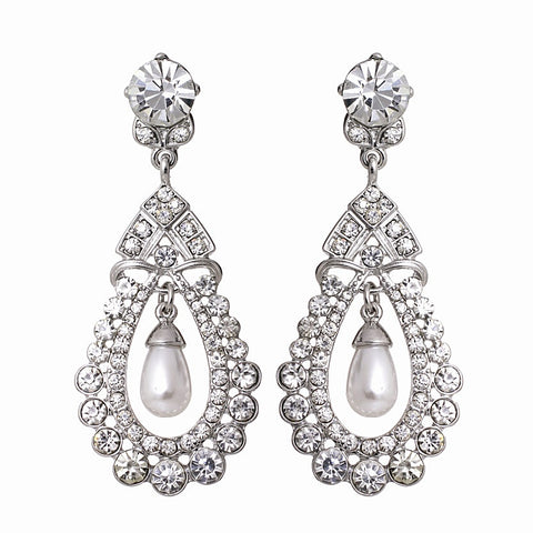 Crystal chandelier drop earrings on a silver tone finish with clear crystals and suspended teardrop pearls, they have a drop of 6cm