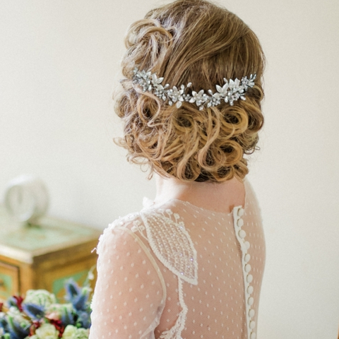 Floral design crystal and pearl wedding hair band - silver