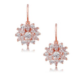 Crystal drop earrings in a flower shape embellished with clear crystals on a rose gold finish, they measure 2cm by 1.5cm. 