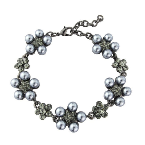 Simulated pearl bracelet with dark grey pearls with black crystals, bracelet is adjustable with lobster clasp and is 1.5cm wide.