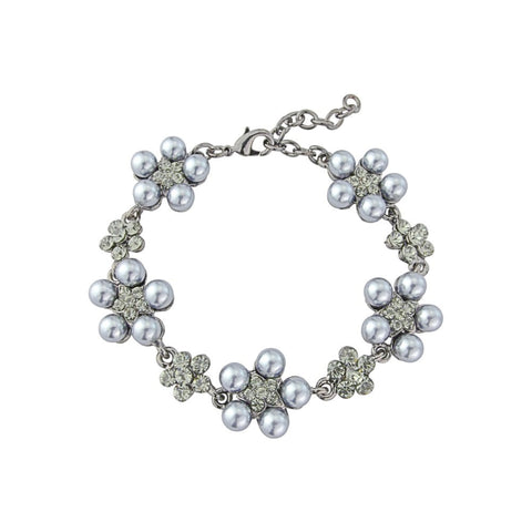 Simulated pearl bracelet with light grey pearls on a rhodium plated finish, bracelet is adjustable with lobster clasp, width 1.5cm.