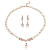 Pearl necklace and earrings set on a rose gold finish