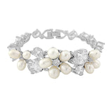 Crystal and pearl bracelet made with cubic zirconia crystals and freshwater pearls, width 2.5cm