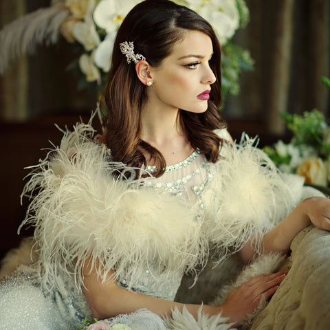 Bride Wearing Ivory Ostrcih Feather Shrug / Stole/ Wrap across her shoulders