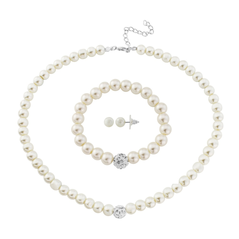 Ivory pearl necklace, earrings and bracelet set, the necklace and bracelet have a lovely silver crystal bead at the centre.
