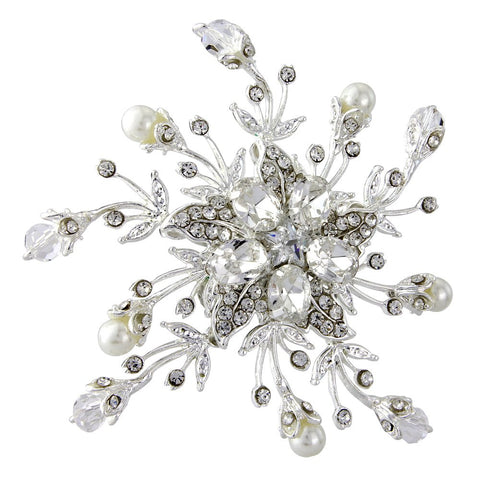 Crystal and pearl brooch silver plated with clear Swarovski crystals and high quality simulated pearls, brooch measures 6.5cm by 6cm