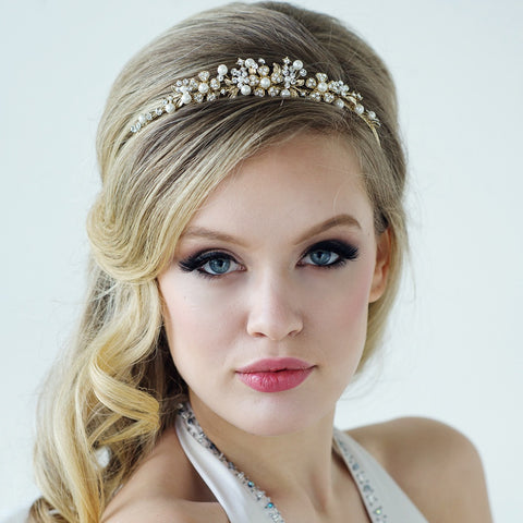 SassB Ellen Crystal and Pearl Tiara - Gold