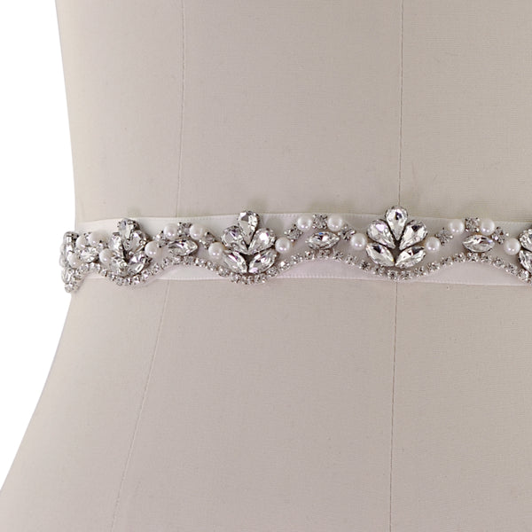 Annabelle Pearl and Crystal Bridal Belt Silver Happy Wedding Day