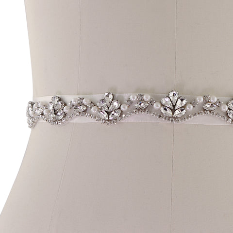 Vintage Style Silver Crystal and Pearl Bridal Belt on Ivory Ribbon