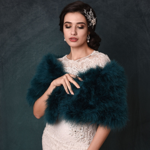 Teal Green Marabou Feather Stole on a model over a wedding gown