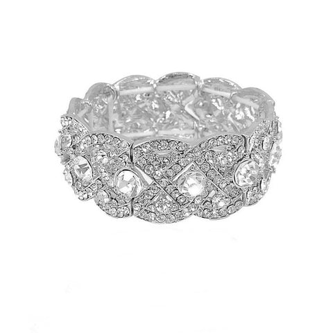 Glamorous crystal bracelet with luxury clear crystals on a silver tone finish, width 2cm.