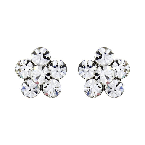 Crystal flower earrings made from Swarovski crystal elements on a silver rhodium finish, they measure 1cm by 1cm