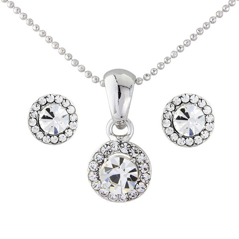 Crystal necklace and earring set made from Swarovski crystal elements on a rhodium finish, the pendant and earrings measure 1cm by 1cm and the necklace chain is fully adjustable 