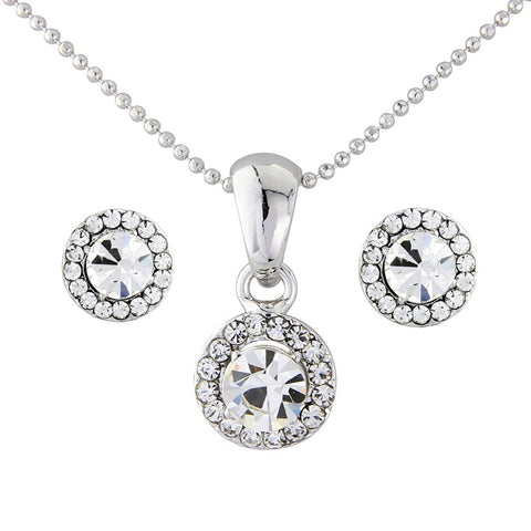 Crystal necklace and earring set made from Swarovski crystal elements on a rhodium finish, the pendant and earrings measure 1cm by 1cm and the necklace chain is fully adjustable