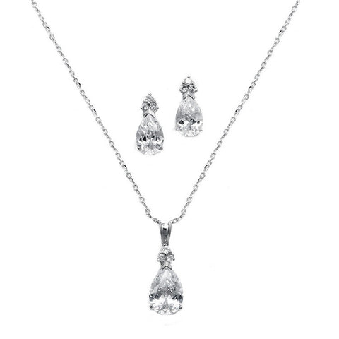 Fully adjustable necklace and earrings set made from clear cubic zirconia on a rhodium plated silver tone finish, earrings measure 1.75cm. 