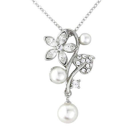 Crystal and pearl necklace made from clear cubic zirconia crystals and ivory simulated pearls on a silver tone finish, pendant measures 4.5cm long.