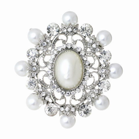 Crystal and pearl brooch made with high quality simulated ivory pearls and clear crystals.