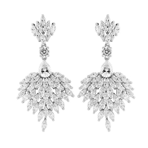Crystal drop earrings made from high quality clear cubic zirconia crystals on a rhodium plated silver finish, they have a drop of 5.5cm and are 3cm wide.