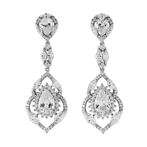 Crystal drop earrings made with clear crystals on a rhodium plated finish, they have a drop of 5.5cm and are 2.2cm wide.