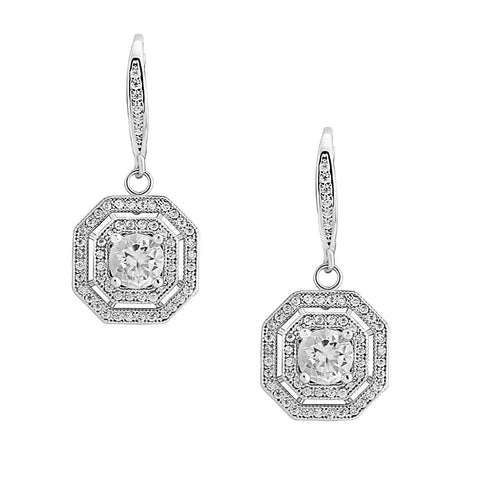Crystal drop art deco earrings made with clear crystals on a rhodium plated finish, they have a drop of 1.5cm
