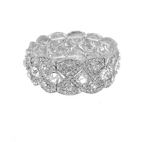 Crystal bracelet made with clear crystal elements on a silver tone rhodium plated finish, bracelet is 2cm wide