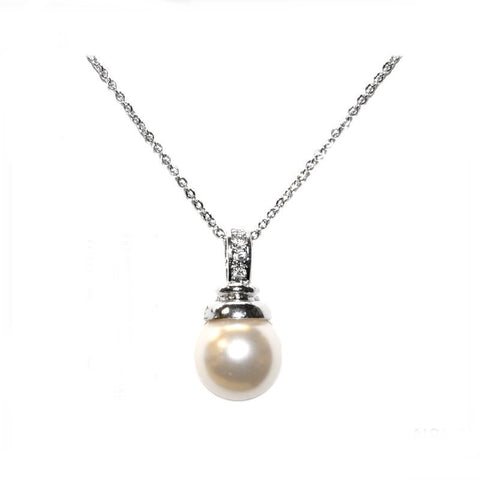 Fully adjustable pearl necklace made cubic zirconia crystals on a rhodium plated finish.