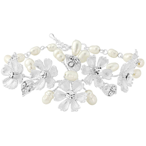 Crystal and pearl bracelet with hand painted ivory flowers and freshwater pearls, bracelet width is 1.5cm