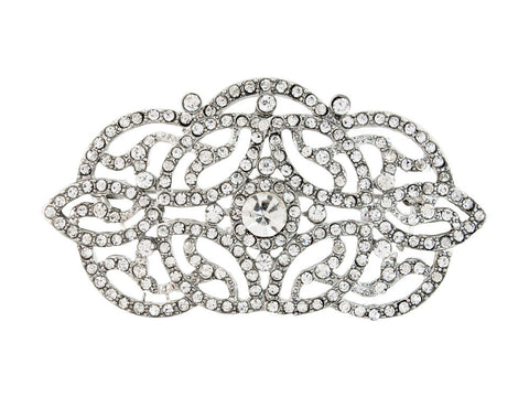 Crystal brooch on a silver tone finish with clear crystals, brooch measures 5cm by 6cm 