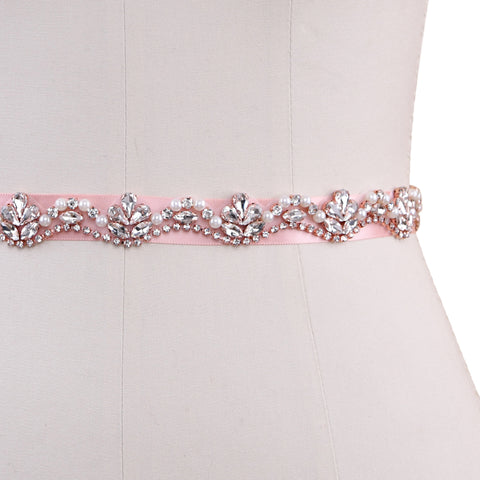 Rose Pink Satin Ribbon Crystal Bridal Belt on mannequin