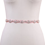 Rose Pink Satin Ribbon Crystal Bridal Belt on mannequin