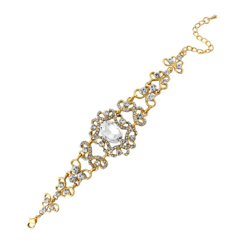 Adjustable Ebony crystal bracelet, set with high quality clear crystals on a gold tone finish, bracelet width 2.5cm. 
