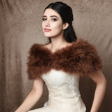 Front view of bride wearing a cocoa brown marabou feather stole wrap