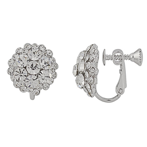 Crystal cluster clip on earrings made with luxury crystals on a rhodium plated silver tone finish, they measure 1.2cm by 1.2cm. 