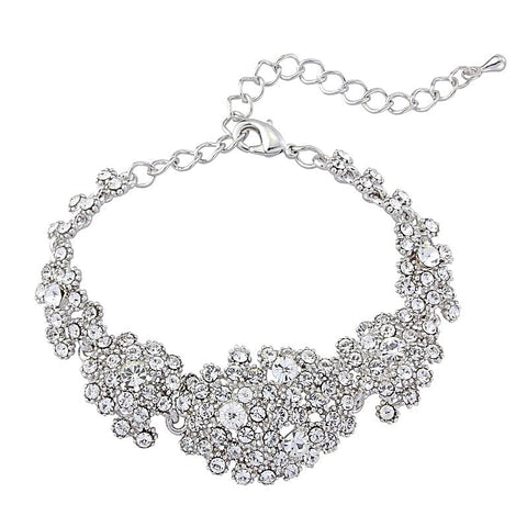 Adjustable crystal cluster bracelet made with high quality cubic zirconia and Swarovski crystals on a rhodium finish, bracelet is 25cm wide. 