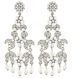 Crystal and pearl chandelier earrings made with clear crystals and white imitation pearls, they have a drop of 5cm