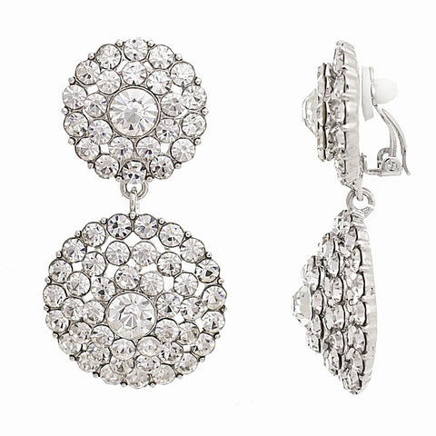 Crystal clip on earrings made with high quality clear crystals on a rhodium plated finish, they have a drop of 5cm and are 3cm. 
