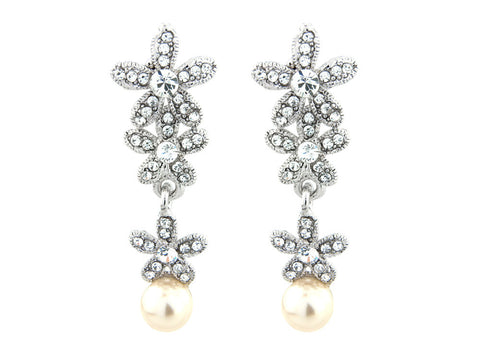 Crystal and pearl earrings in a pretty floral design, made from clear crystals and simulated ivory pearls, they have a drop of 4.5cm. 
