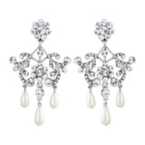 Crystal and pearl chandelier earrings made from high quality clear cubic zirconia crystals on a rhodium plated finish, they have a drop of 6.5cm. 