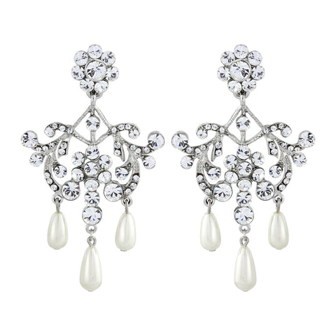 Crystal and pearl chandelier earrings made from high quality clear cubic zirconia crystals on a rhodium plated finish, they have a drop of 6.5cm. 