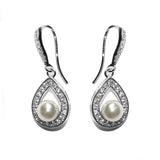 Crystal and pearl drop earrings made from high quality cubic zirconia clear crystals on a rhodium plated finish with pretty simulated ivory pearls, they have a drop of 2.5cm in a hook style