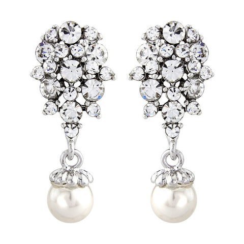 Crystal and pearl earrings made from high quality cubic zirconia and Swarovski crystals clustered at the top from which beautiful pearls are suspended, they have a drop of 3.5cm