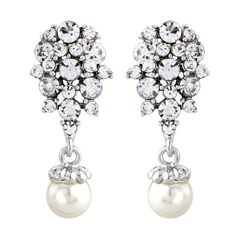 Crystal and pearl earrings made from high quality cubic zirconia and Swarovski crystals clustered at the top from which beautiful pearls are suspended, they have a drop of 3.5cm