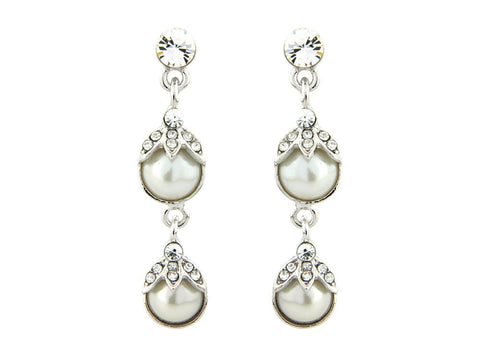 Crystal and pearl drop earrings made from high quality Swarovski and cubic zirconia crystals on a silver tone finish with ivory imitation pearls, they have a drop of 4.5cm