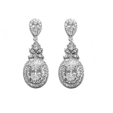 Crystal chandelier drop earrings made from cubic zirconia crystals on a rhodium plated finish. 